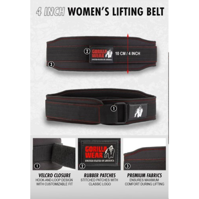 Gorilla Wear 4 Inch Women's Lifting Belt - Black Red Stitched 5