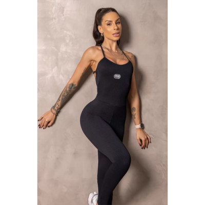 Black Ribbed Runner Jumpsuit with Crossover Straps 4